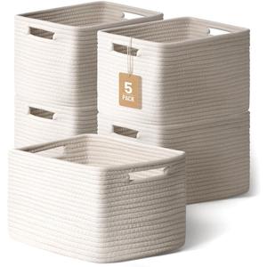 5 Pack White Woven Storage Baskets for Shelves, Decorative Basket Organizer Storage Bins for Toys, Books, Clothes, Closet, Nursery, Bathroom Cotton Rope Shelf Baskets for Organizing and Decor