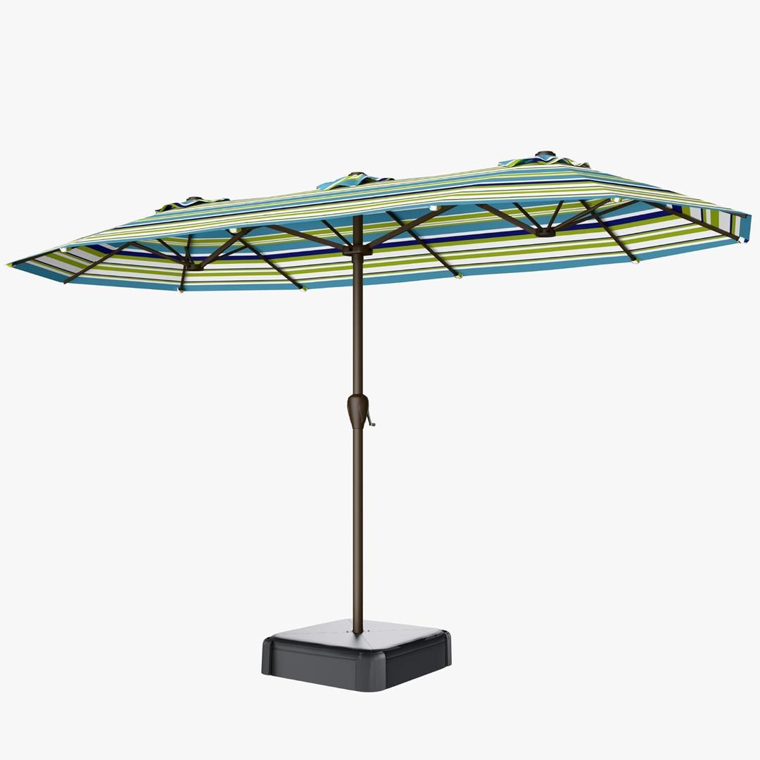 15FT Double Sided Patio Umbrella with Base Included Large Outdoor Market Umbrella with Crank Handle, UV Resistant Canopy, Sturdy Frame for Garden, Poolside, Deck, Green Stripes