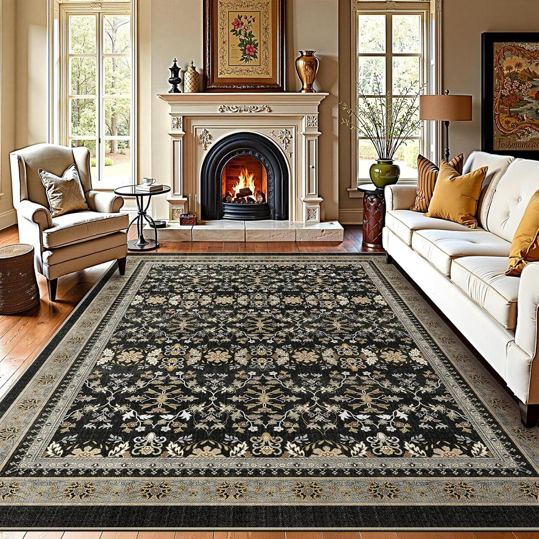 WITSHOCK Black Farmhouse Living Room Rug: Washable 8x10 Area Rug, Boho Vintage Moody Retro Oriental Neutral Aethestic Rug for Bedroom, Soft Faux Wool Low Pile Non Slip Stain Resistance Carpet
