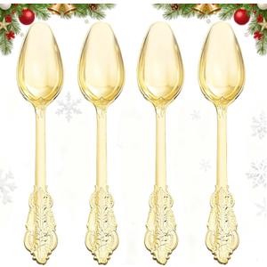 WDF 100 Piece Gold Plastic Spoons Disposable - 6.93 Inch Baroque Gold Spoons Plastic Silverware for Dessert Cake - Heavy Duty for Thanksgiving Party, Wedding or Daily Using