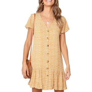 Imysty Womens Polka Dot V Neck Button Down Ruffles Loose Mini Short T-Shirt Dress, Medium