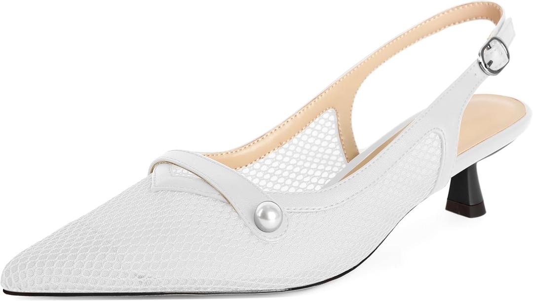 SAMMITOP Womens Slingback Kitten Heels Closed Pointed Toe Low Heel Mesh Pumps Pearl Strap Dress Shoes 1.5 Inches (White)