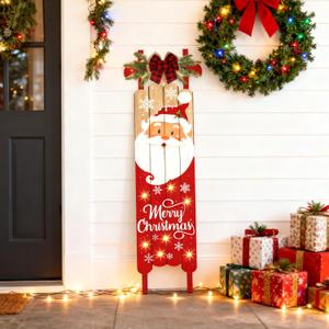 Lighted Wooden Welcome Sign for Front Porch,Merry Christmas Snowflake Porch Sign for Front Door Decorations, Red Xmas Hanging Signs Wall Sign for Christmas Happy New Year Decor Santa Claus Pattern
