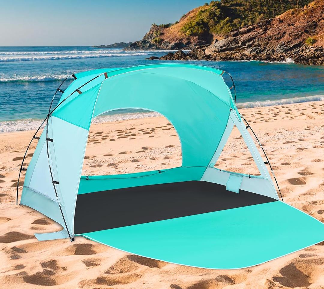 Beach Tent, Portable Sun Shelter for 2/3/4/6-8 Person with UPF 50+ UV Protection, Easy Setup Waterproof Beach Shade Canopy Cabana for Family Outdoor and Picnics, Fishing with Carrying Bag (Turquoise Ocean)