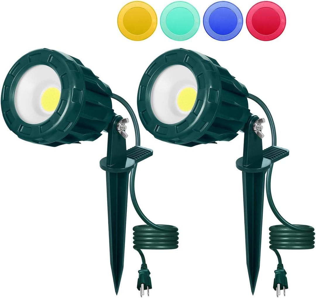 120V Christmas Spotlight Outdoor, 10W LED Spot Light with 4 Extra Lenses (Red Green Blue Yellow), Waterproof Landscape Spotlights for Holiday Decorations, 5FT Extension Cord