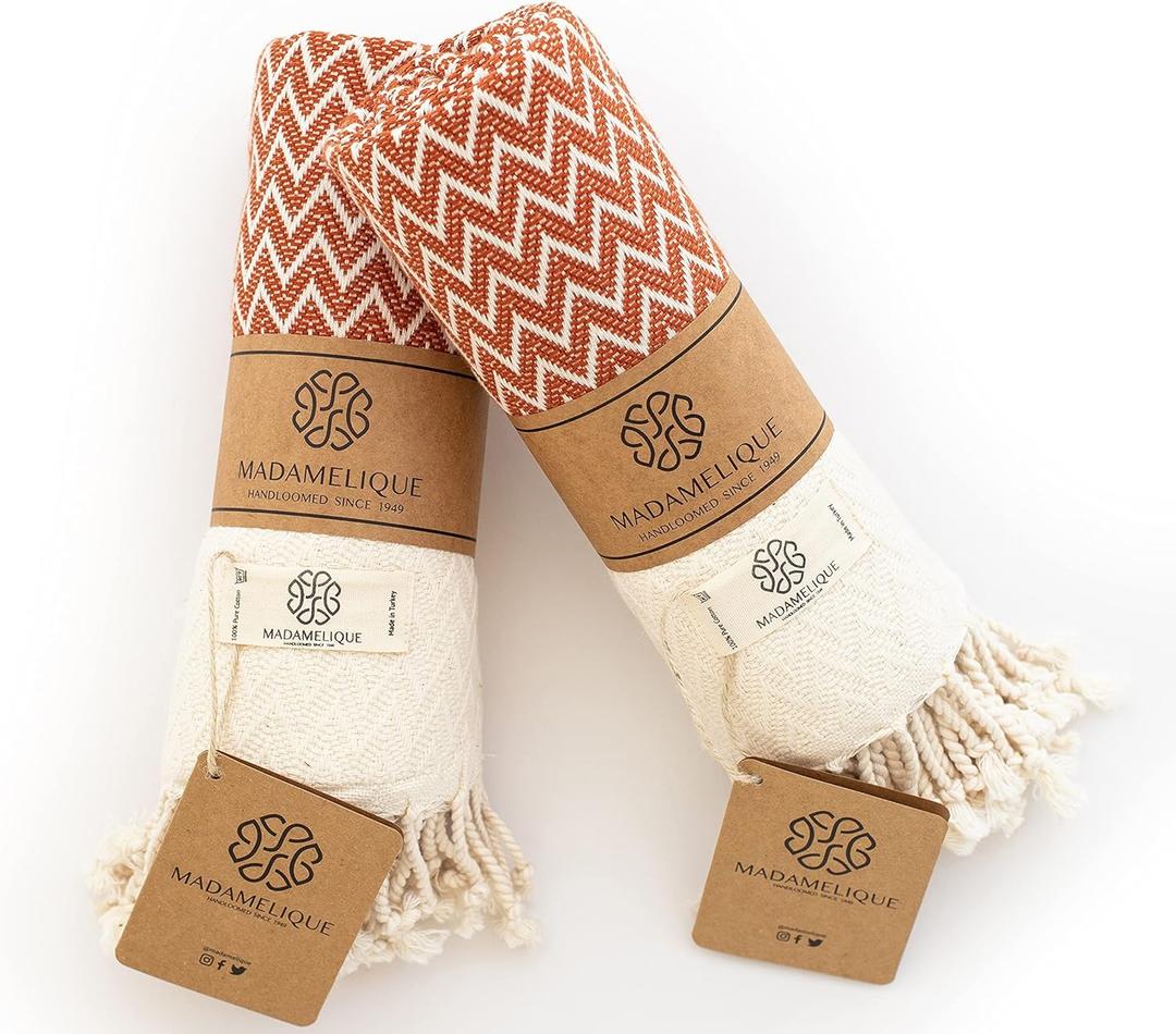 Madamelique Exclusive Hand Towels Set of 2-18 x 40 Inches - Decorative Bathroom Peshtemal Towel for Hand, Face, Hair, Yoga, Tea, Dishcloth, Kitchen and Bath - 100% Pure Cotton (Terracotta)