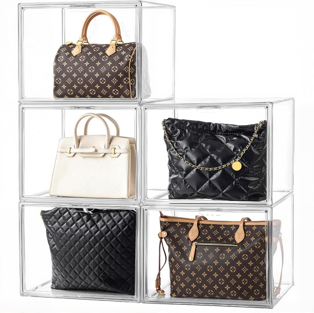 HBlife 5 Pack Purse Storage Organizer for Closet, X-Large Clear Stackable Handbag Display Case Box with Magnetic Door for Collectibles, Cosmetics, Women Heels and Toys