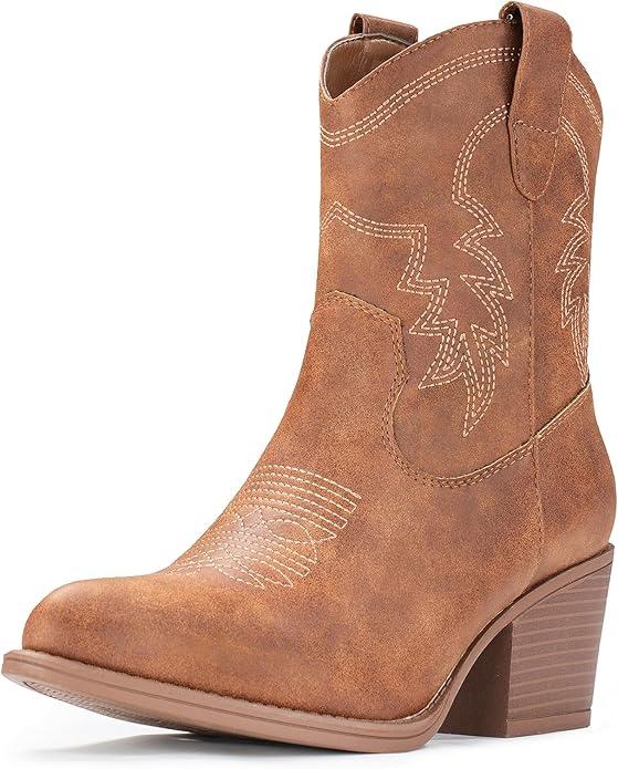  Cowboy Boots for Women Ankle Cowgirl Booties Wide Mid Calf Pointed Toe Western Boots Short Chunky Classic Booties, US 6