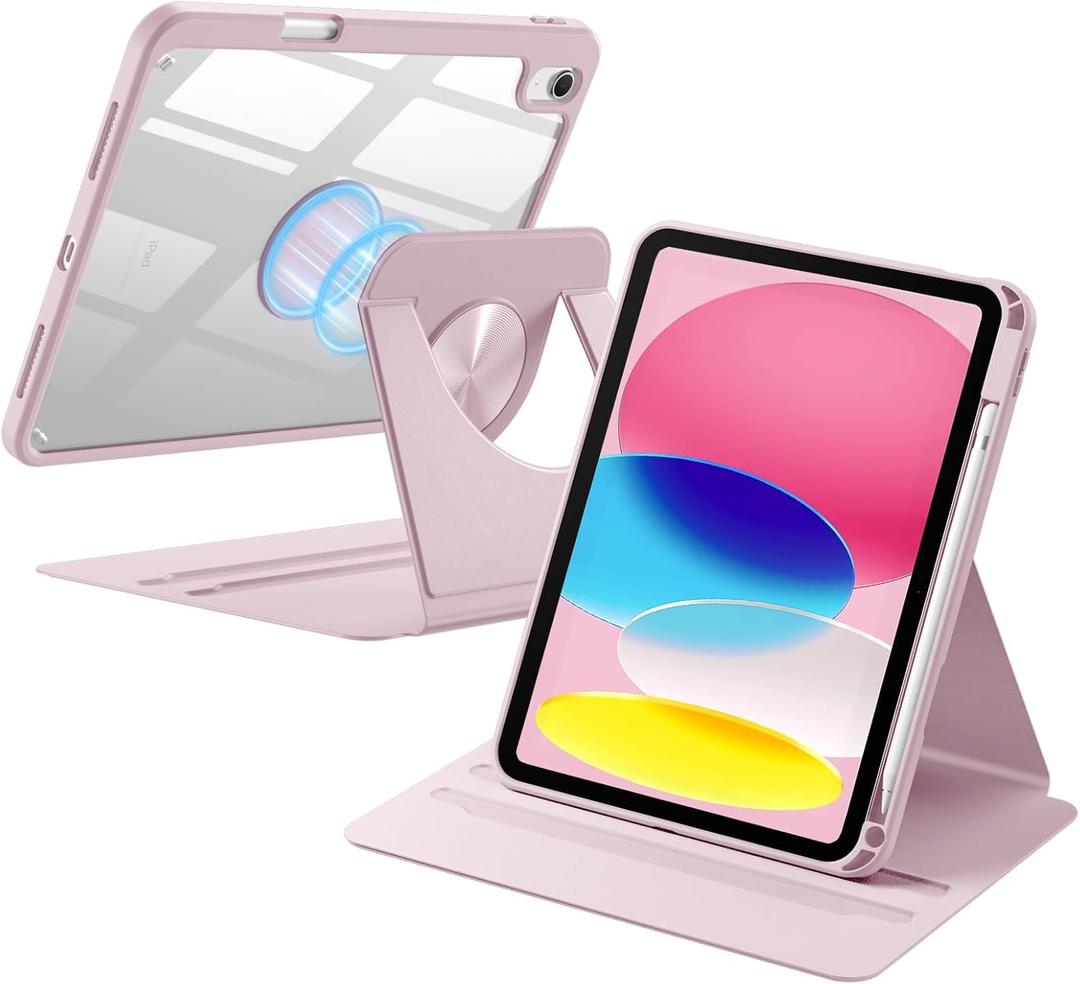 Wenlaty for iPad (A16) 11th Generation Case 11 Inch 2025, for iPad 10th Generation Case 10.9 Inch 2022 with Pencil Holder, 360° Rotating Protective Stand Cover, Detachable Magnetic Clear Back, Pink