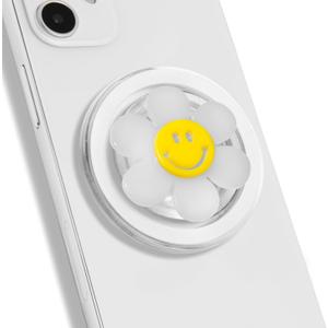 Magnetic Luminous Smiley Flower Mobile Phone Grip: Swappable & Collapsible Grip for Phones & Tablets (White)