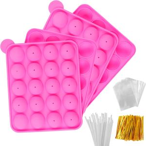 Silicone Cake Pop Mold Set - 2 Pack Lollipop Molds Kit with 40 Cake Pop Sticks, 100 Candy Treat Bags, and 100 Gold Twist Ties, Great For Chocolate Lollipop, Candy, Cake Pops (9.06*7.48*1.57 inch, Rose)