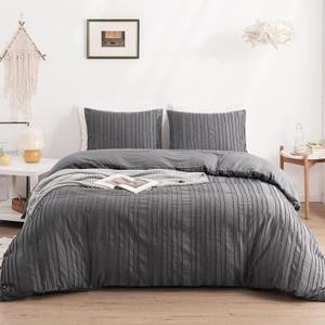 WARMDERN Gray Boho Duvet Cover Set King Size, Striped Textured Duvet Cover Tufted Bedding Set, 3 Pcs Ultra Soft Washed Microfiber Duvet Cover with Zipper Closure (King, Gray)