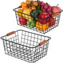 Wire Kitchen Storage Basket 1 Packs,Perfect Pantry Organization Accessories Baskets,Laundry Basket,With a Wooden handle,Suitable for Kitchen,Bathroom,Bedroom,Tabletop,Stackable,Black