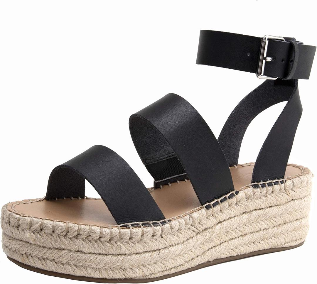 The Drop Women's Listilla Espadrille Wedge Sandal (7, Faux Leather Black)