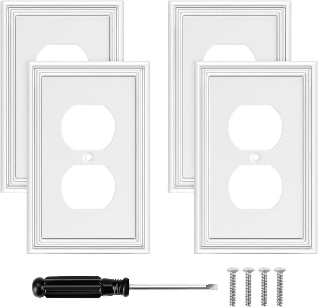 White Outlet Covers Wall Plate Modern Decorative Light Switch Cover Switch Plates Outlet Cover Bamboo Fiber Material Wall Plates for Kitchen Bathroom (1 Gang Duplex Outlet-4 Pack)