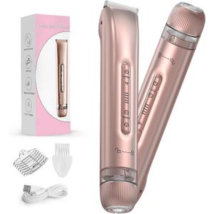 Bikini Trimmer for Women - 2 in 1 Electric Body Hair Trimmer for Silky Skin, Cordless Body Shaver for Travel, IPX7 Waterproof & Easy to Clean, Replaceable Ceramic Blade Heads, Rose Gold (Pink)