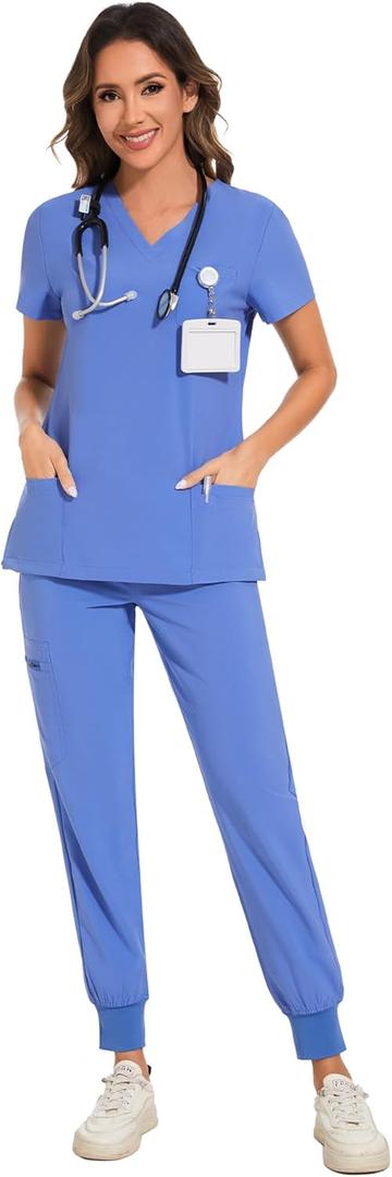 COZYFIT Scrubs for Women Set - Stretch V-Neck Scrub Top & Jogger Pant with 8 Pockets (Medium, Ceil Blue)