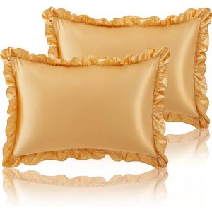 SiinvdaBZX Ruffled Queen Satin Pillowcase Set of 2, Gold Silky Satin Pillow Cases for Women Ruffle Pillow Shams Covers Princess Room Decoration, with Envelope Closure