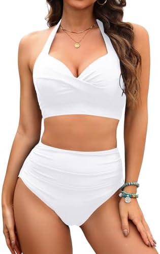 Tempt Me Women Two Piece Vintage Swimsuit Retro Halter Ruched High Waist Bikini with Bottom, XL