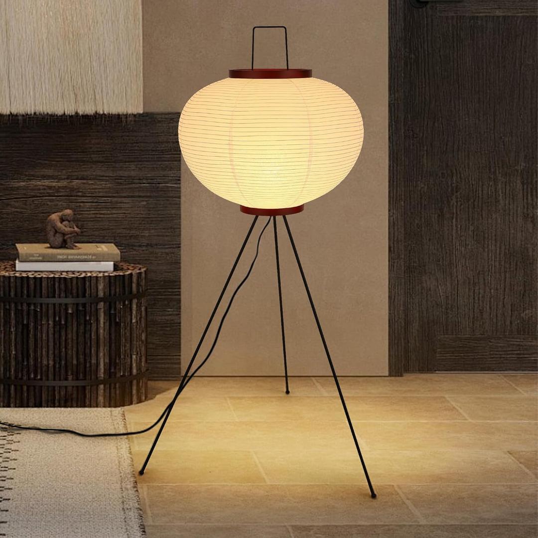 Japanese Rice Paper Floor Lamp, Cozy Paper Lamp Japandi Lantern Lights Wabi Sabi Style for Living Room Bedroom Office, 43 Inch Tripod Stand, White Lantern with E26 LED Bulb, 3000K/5000K (Non-dimmable)