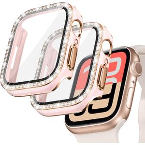 Goton 2-Pack Bling Case for Apple Watch Screen Protector 44mm SE 3/2/1, Series 6 5 4, Women Glitter Diamond Rhinestone Bumper Face Cover for iWatch Accessories 44 mm (Pink+Pink)