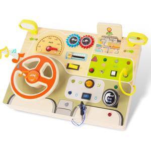 Montessori Busy Board for Toddlers Baby Busy Board Car Steering Wheel Wooden Sensory Board Travel Toys for Fine Motor Skill Gift for 3+ Years Old Boys Girls Christmas Birthday Parents