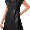 Womens Faux Suede Mini Dress 2025 Fall Cap Sleeve V-Neck Faux Leather Dress (Medium, Black)