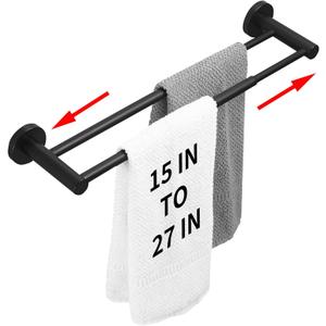 RUMOSE Adjustable Double Bath Towel Bar 15 to 27 Inch Matte Black Retractable Tower Holder Hanger Stainless Steel Expandable Dual Bathroom Tower Racks Bathroom Accessories, Wall Mounted