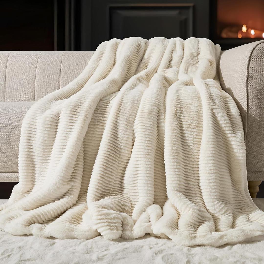 Ultra Soft Faux Fur Throw Blanket for Couch, Luxury Sculpted Texture Faux Rabbit Fur Blanket for Bed, Fluffy Thick Plush Warm Fuzzy Throw, 920GSM (Ivory White, 60''x80'')