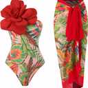 One Shoulder Swimsuits for Women 3D Flower Decoration One Piece Swimsuit with Cover up Set (Small, Bird)
