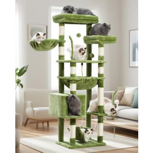 Gitelsnour Cat Tree, Cat Tower for Large Cats with 2 Big Platforms, 2 Baskets, condo and Toys, 63" Cat Scratching Posts for Indoor Cats, Green GCT020GR