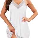 ETOSELL Womens Sexy Lingerie Lace Satin Nightgowns Silky Sleep Night Dress Short Chemise Halter Neck Sleepwear (White, XL)