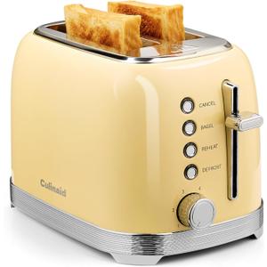 Culinaid Toaster 2 Slice Retro Stainless Steel with 1.5” Extra Wide Slots Bagel, Defrost, Reheat, Cancel Functions, 6 Bread Shade Settings, Removable Crumb Tray, Yellow