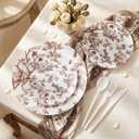 EjonirInjonir 60Pcs Heavy Duty Brown Floral Plates for Thanksgiving Party