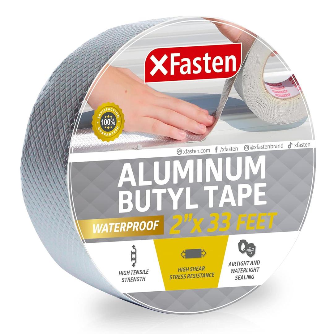 XFasten Super Waterproof Aluminum Butyl Tape, 2-Inch x 33-Foot, Aluminum Foil Tape with Butyl Rubber Adhesive for Window and Metal Roof Flashing, Patching and Gutter Leak Repair