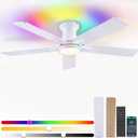 Low Profile RGB Ceiling Fans with Lights and Remote,52" White Flush Mount Ceiling Fans with Quiet Reversible DC Motor, Dimmable LED Ceiling Fan Light with 3 Colors 6 Speeds