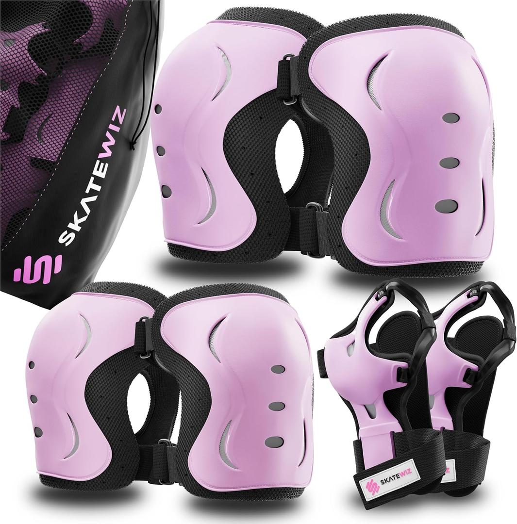 SKATEWIZ Skating Protective Gear Adults & Kids [6pc] incl. Knee Pads, Elbow Pads Wrist Guards for Roller Skating & Skateboarding (L (Teen/Adult 16 years and older), PINK/BLACK)