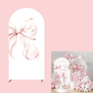 Blush Pink Ribbon Bow Arch Backdrop Cover Sweet Girls Birthday Party Baby Shower Cover Arched Wall Background Decor Backdrops 2-Sided 4x7.2ft
