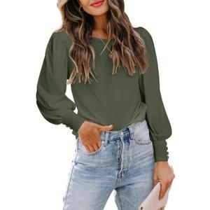 DOROSE Womens Tops Puff Sleeve Blouses Dressy Casual Work T Shirts (Green, S)