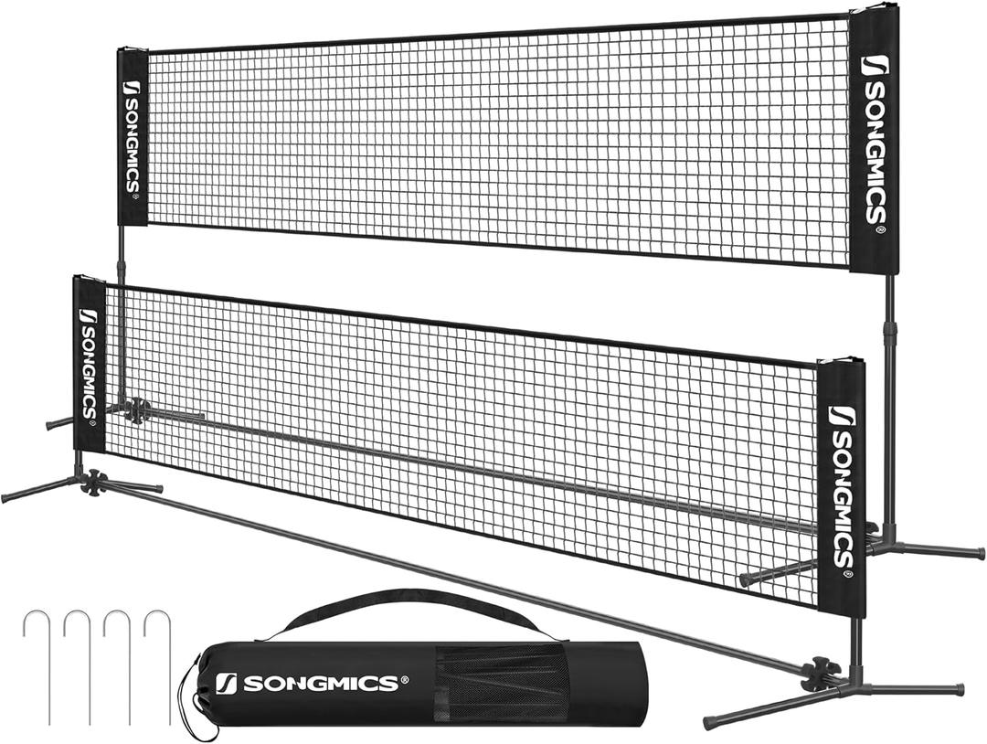 SONGMICS Badminton Net, Height Adjustable Volleyball Net, Pickleball Net for Junior Tennis, Kids, Indoor Outdoor Court, Foldable Nylon Net with Poles 10ft/13ft/16.5ft Wide (Black)