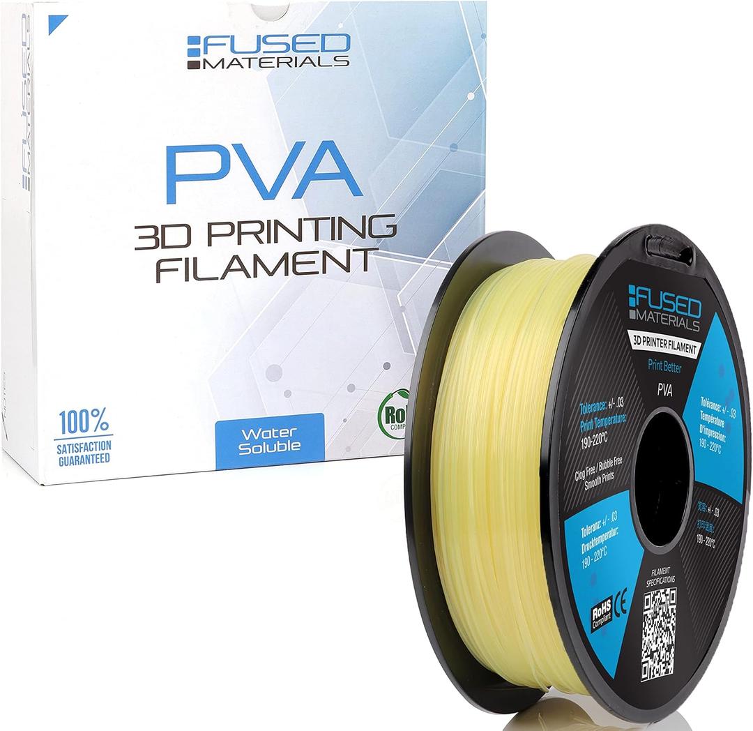 Fused Materials PVA Filament 1.75mm  Water-Soluble Support Material for 3D Printing  Compatible with Bambu Lab, Polymaker, Overture, and More  Works with PLA, PETG, Nylon, ABS  Clear & Transparent
