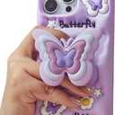Kawaii 3D Butterfly Phone Case for iPhone 14 (with Retractable Phone Stand & Grip) Cute Girly Cartoon Soft Silicone Phone Cover for Girls, Boys, Kids, Teens, and Women, Purple
