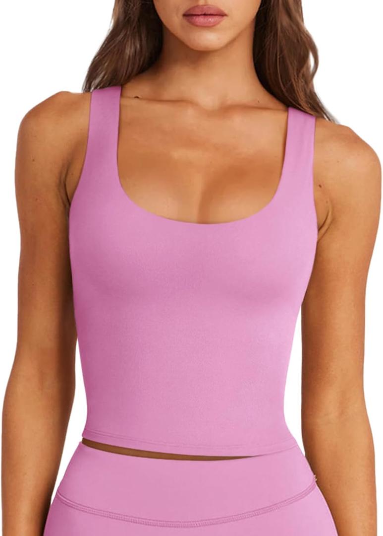 LASLULU Womens Sport Bras Long Line Workout Yoga Gym Athletic Tops Clothes Shirts Camisole Padded Crop Tank Tops (Small, Pink)