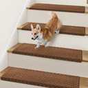 Bullnose Stair Treads Non Slip 9.5" x 32", 14 Pcs Carpet Stair Treads for Wooden Steps Indoor with Edge Protection, Reusable Peel and Stick TPU Backing Stair Runner Rugs - Lattice Pattern Brown
