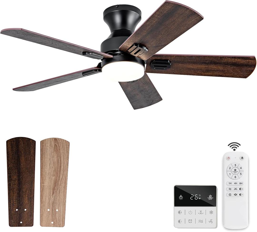 42 Inch Black Ceiling fans with lights and Remote,Low Profile Flush Mount Modern Ceiling Fan with Light, 5 blades,Dimmable LED Light,Wall Switch,Indoor Outdoor Ceiling Fan for Bedroom