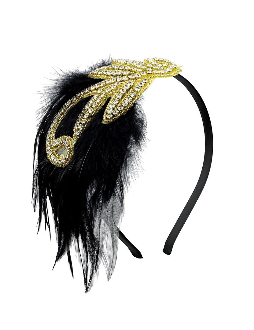 BABEYOND 1920s Flapper Headband Accessories Roaring 20s Feather Hair Band Vintage Gatsby Party Accessories (Black Gold)