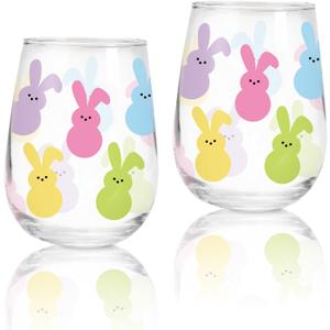 FYSUIMU 2Pcs Easter Stemless Wine Glasses 17oz Easter Bunny Drinking Glasses Colorful Rabbit Tumbler Cups for Spring Holiday Birthday Party Supplies Gifts