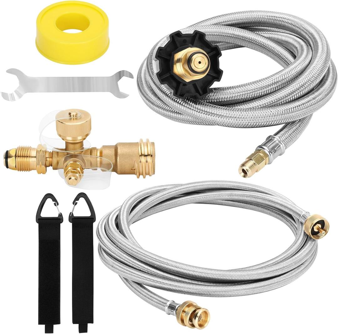 Propane Brass Tee 4 Port Adapter Kit with 5FT and 12FT Stainless Braided Hoses,Extend a Stay Rv Propane Kit for Tank RV Camping Connecting Auxiliary Propane Bottles and Appliances