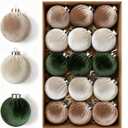 Christmas Tree Ornaments Velvet Balls 15 PCS - 3.15 Inch Shatterproof Christmas Decorations for Tree Brown Green Neutral Ornament Set Xmas Holiday Decorations Vintage Hanging Decor