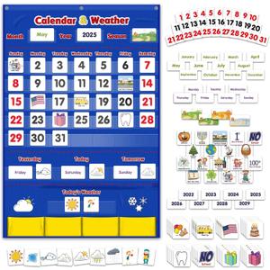 Godery Calendar and Weather Pocket Chart with 149 Cards, Kids Calendar for Classroom or Homeschool,Preschool Learning Activities Supplies, Kindergarten Must Haves (Blue)